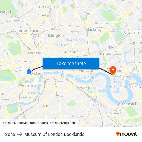 Soho to Museum Of London Docklands map