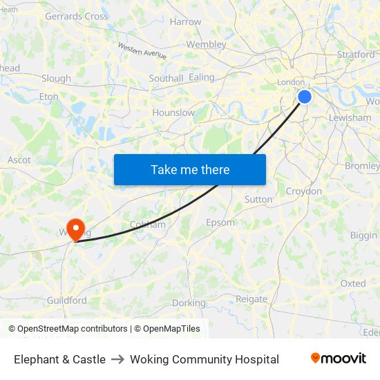 Elephant & Castle to Woking Community Hospital map