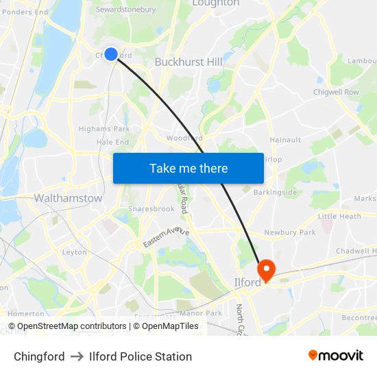 Chingford to Ilford Police Station map