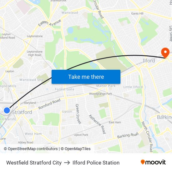 Westfield Stratford City to Ilford Police Station map