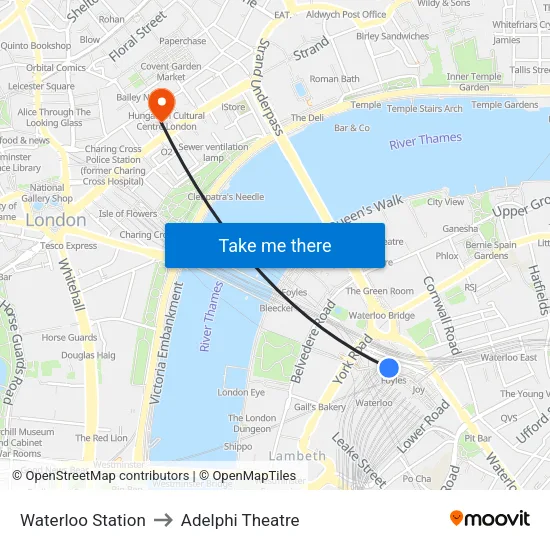 Waterloo Station to Adelphi Theatre map