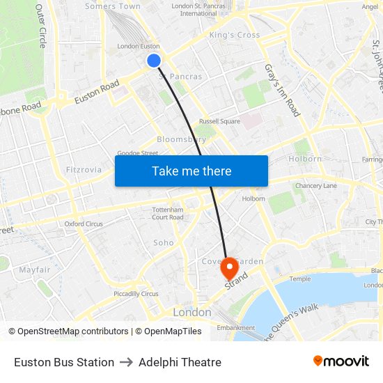 Euston Bus Station to Adelphi Theatre map