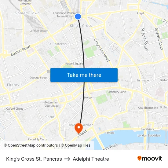 King's Cross St. Pancras to Adelphi Theatre map