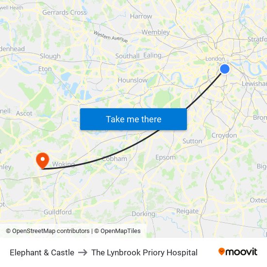 Elephant & Castle to The Lynbrook Priory Hospital map