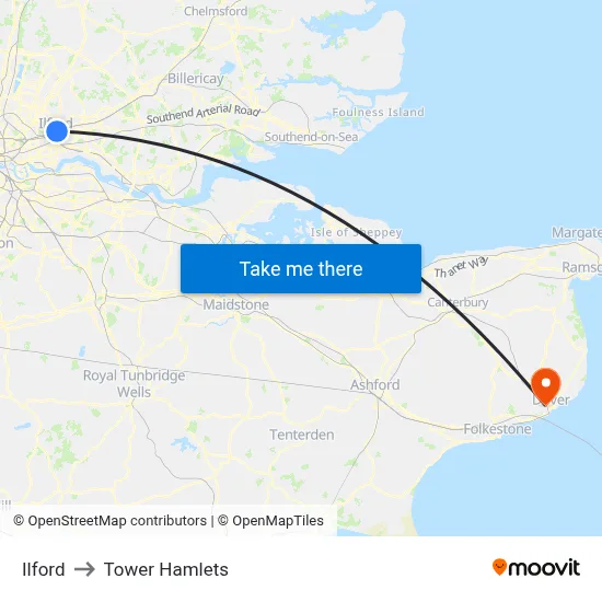 Ilford to Tower Hamlets map