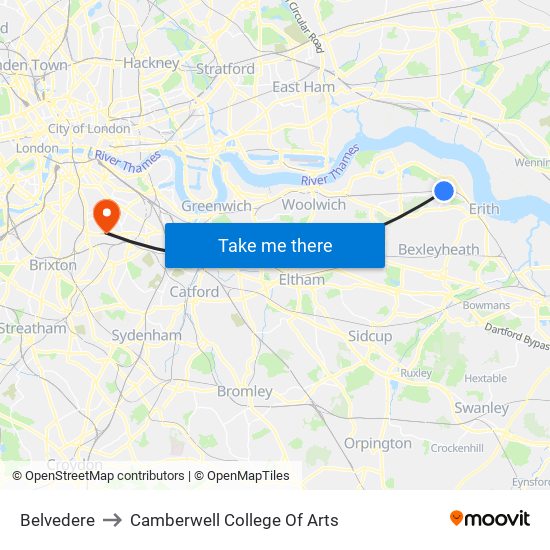 Belvedere to Camberwell College Of Arts map