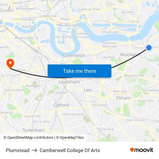 Plumstead to Camberwell College Of Arts map