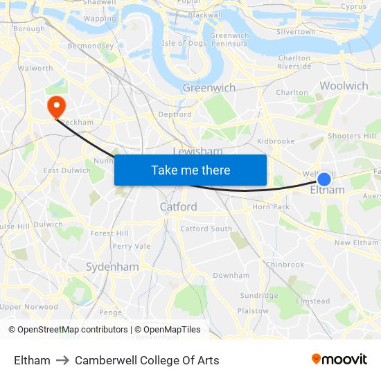 Eltham to Camberwell College Of Arts map