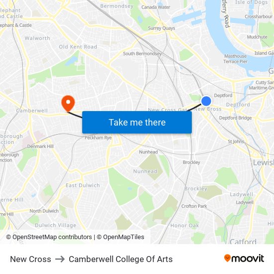 New Cross to Camberwell College Of Arts map