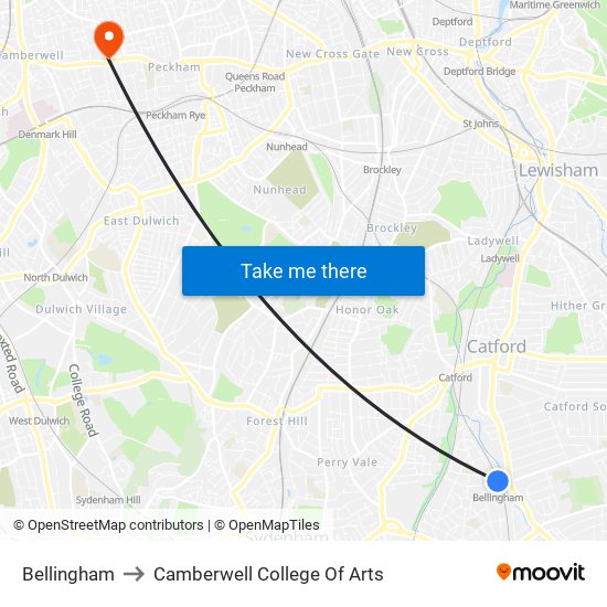 Bellingham to Camberwell College Of Arts map