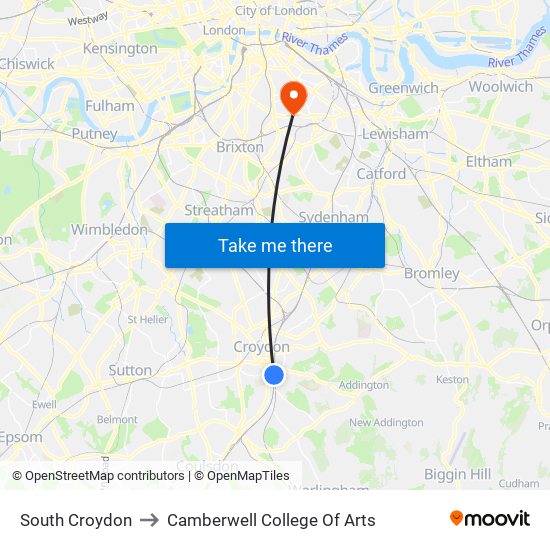 South Croydon to Camberwell College Of Arts map