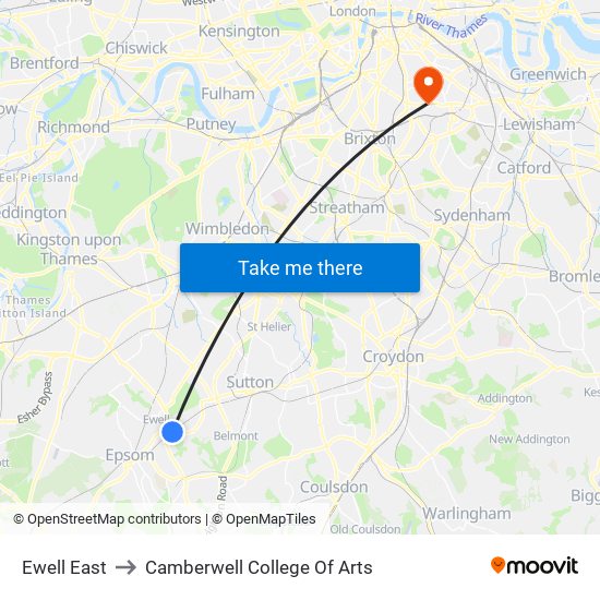 Ewell East to Camberwell College Of Arts map