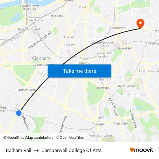Balham Rail to Camberwell College Of Arts map