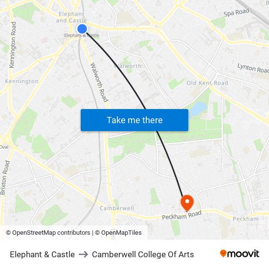 Elephant & Castle to Camberwell College Of Arts map