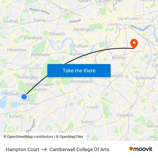 Hampton Court to Camberwell College Of Arts map