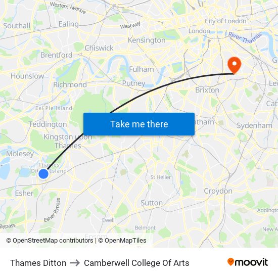 Thames Ditton to Camberwell College Of Arts map