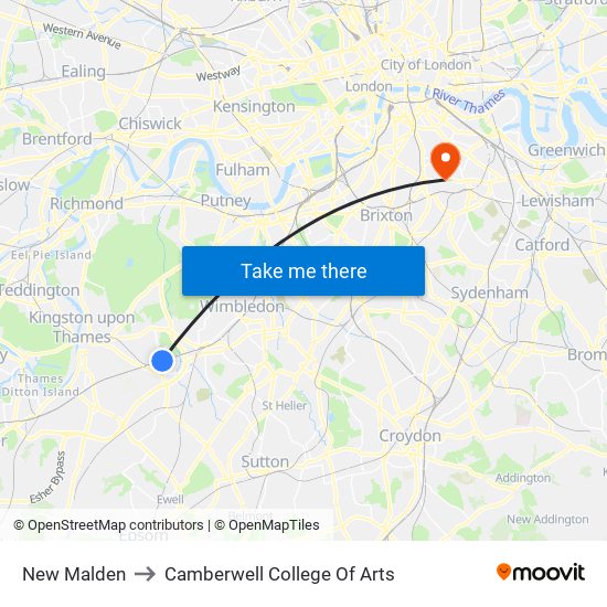 New Malden to Camberwell College Of Arts map