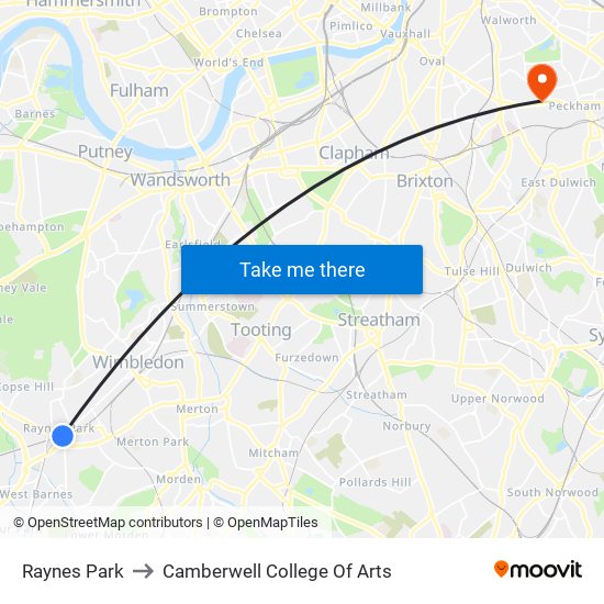 Raynes Park to Camberwell College Of Arts map