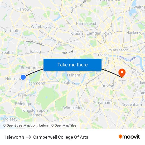 Isleworth to Camberwell College Of Arts map