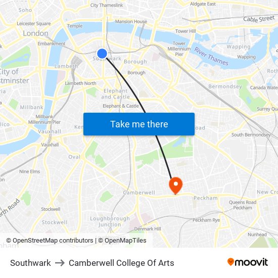 Southwark to Camberwell College Of Arts map
