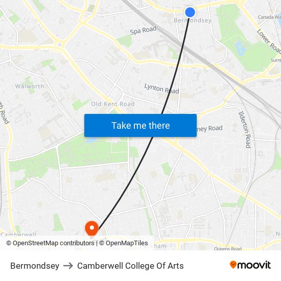 Bermondsey to Camberwell College Of Arts map