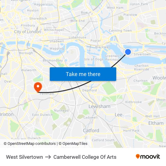 West Silvertown to Camberwell College Of Arts map