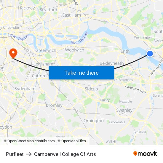 Purfleet to Camberwell College Of Arts map