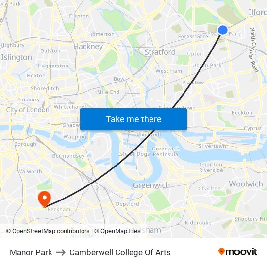 Manor Park to Camberwell College Of Arts map