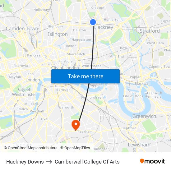 Hackney Downs to Camberwell College Of Arts map