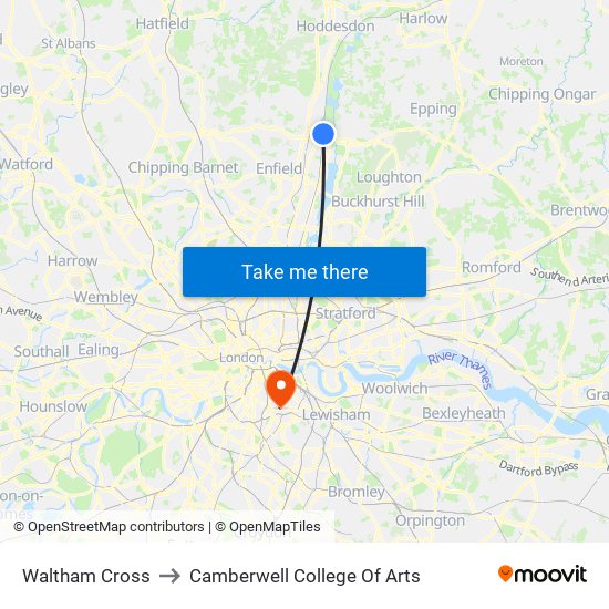 Waltham Cross to Camberwell College Of Arts map