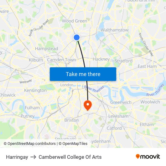 Harringay to Camberwell College Of Arts map