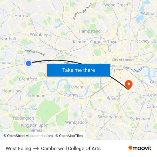 West Ealing to Camberwell College Of Arts map