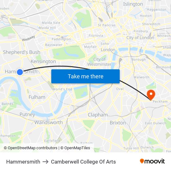 Hammersmith to Camberwell College Of Arts map