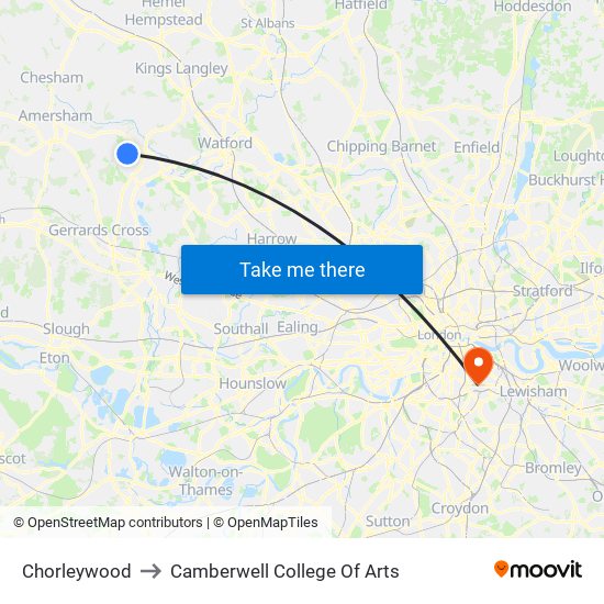 Chorleywood to Camberwell College Of Arts map