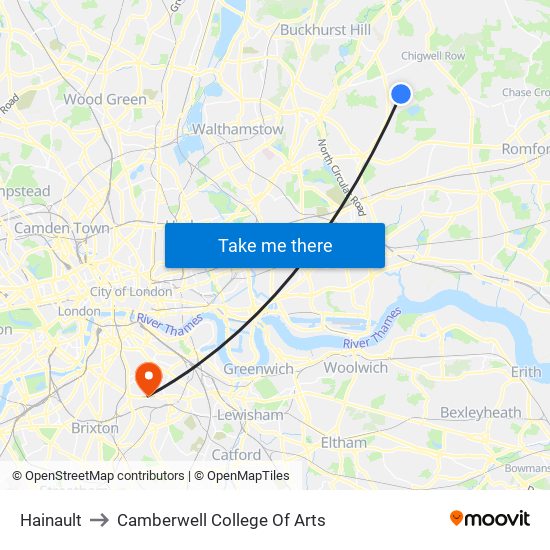 Hainault to Camberwell College Of Arts map