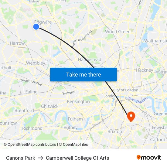 Canons Park to Camberwell College Of Arts map