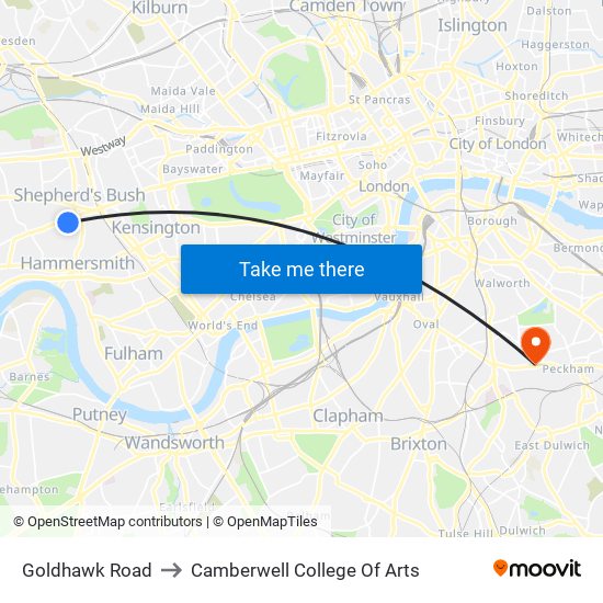 Goldhawk Road to Camberwell College Of Arts map