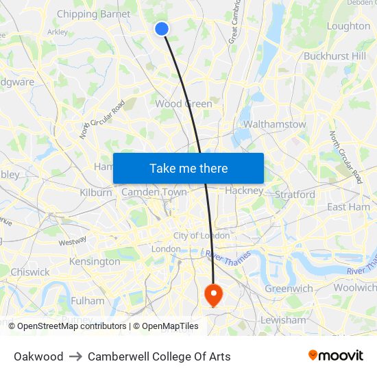 Oakwood to Camberwell College Of Arts map