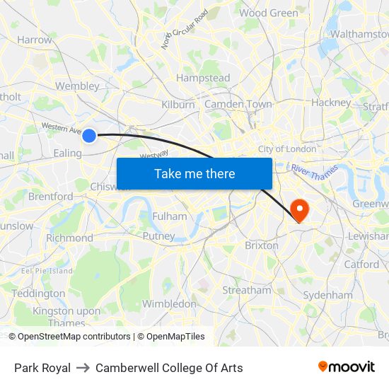 Park Royal to Camberwell College Of Arts map