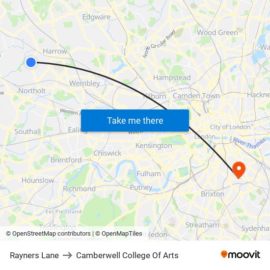 Rayners Lane to Camberwell College Of Arts map