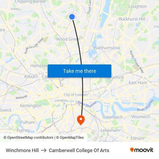 Winchmore Hill to Camberwell College Of Arts map