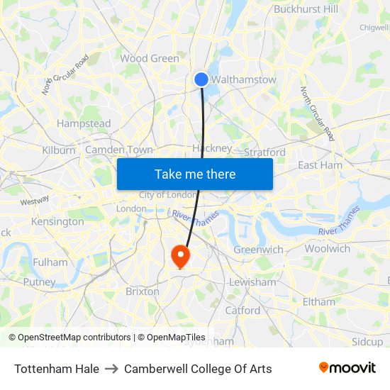 Tottenham Hale to Camberwell College Of Arts map