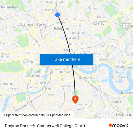 Drayton Park to Camberwell College Of Arts map