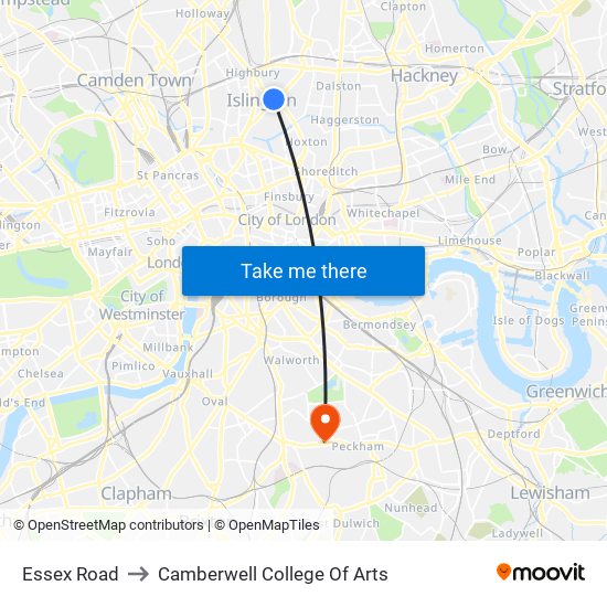 Essex Road to Camberwell College Of Arts map