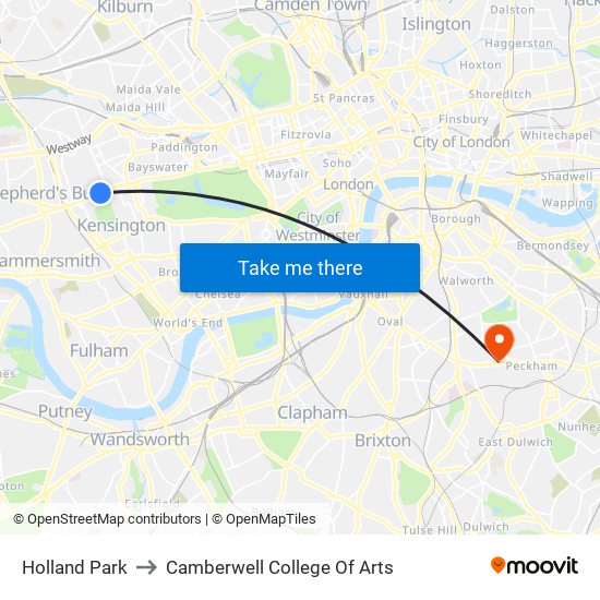 Holland Park to Camberwell College Of Arts map