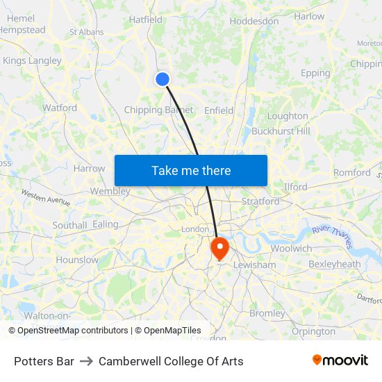 Potters Bar to Camberwell College Of Arts map