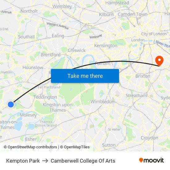 Kempton Park to Camberwell College Of Arts map