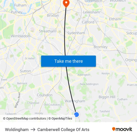 Woldingham to Camberwell College Of Arts map