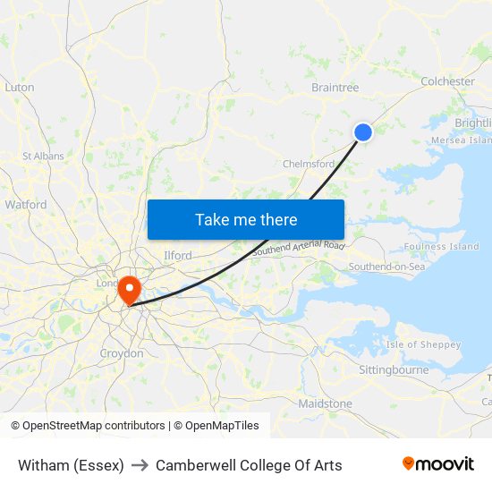 Witham (Essex) to Camberwell College Of Arts map