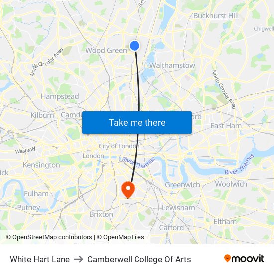White Hart Lane to Camberwell College Of Arts map